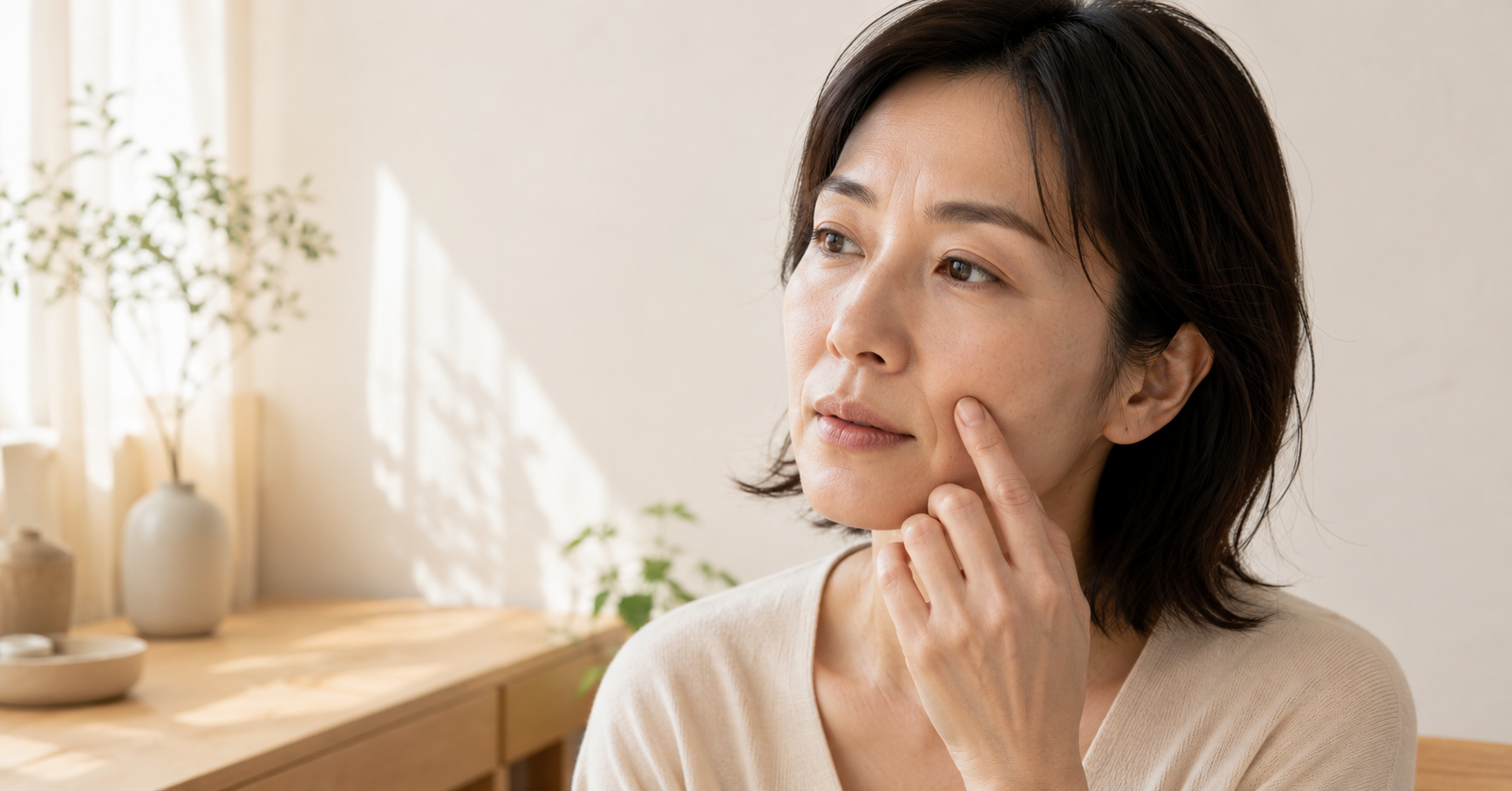 女性在自然光中輕觸臉頰,呈現法令紋、中臉支撐、嘴邊肉與臉部疲憊感之間的關係。