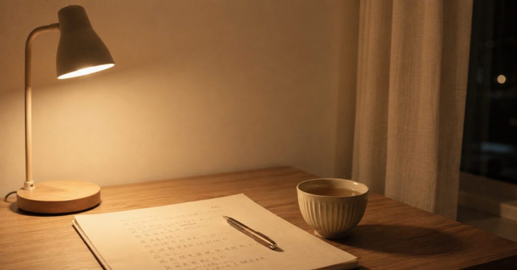 深夜書桌上的檯燈、手寫筆記與茶杯,象徵清醒時為自己寫下決策憲法