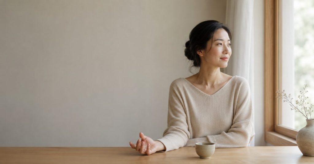 從焦慮到心安，清晨窗邊放鬆望向窗外、喝著溫茶的女性，象徵從焦慮的戰備狀態慢慢鬆開