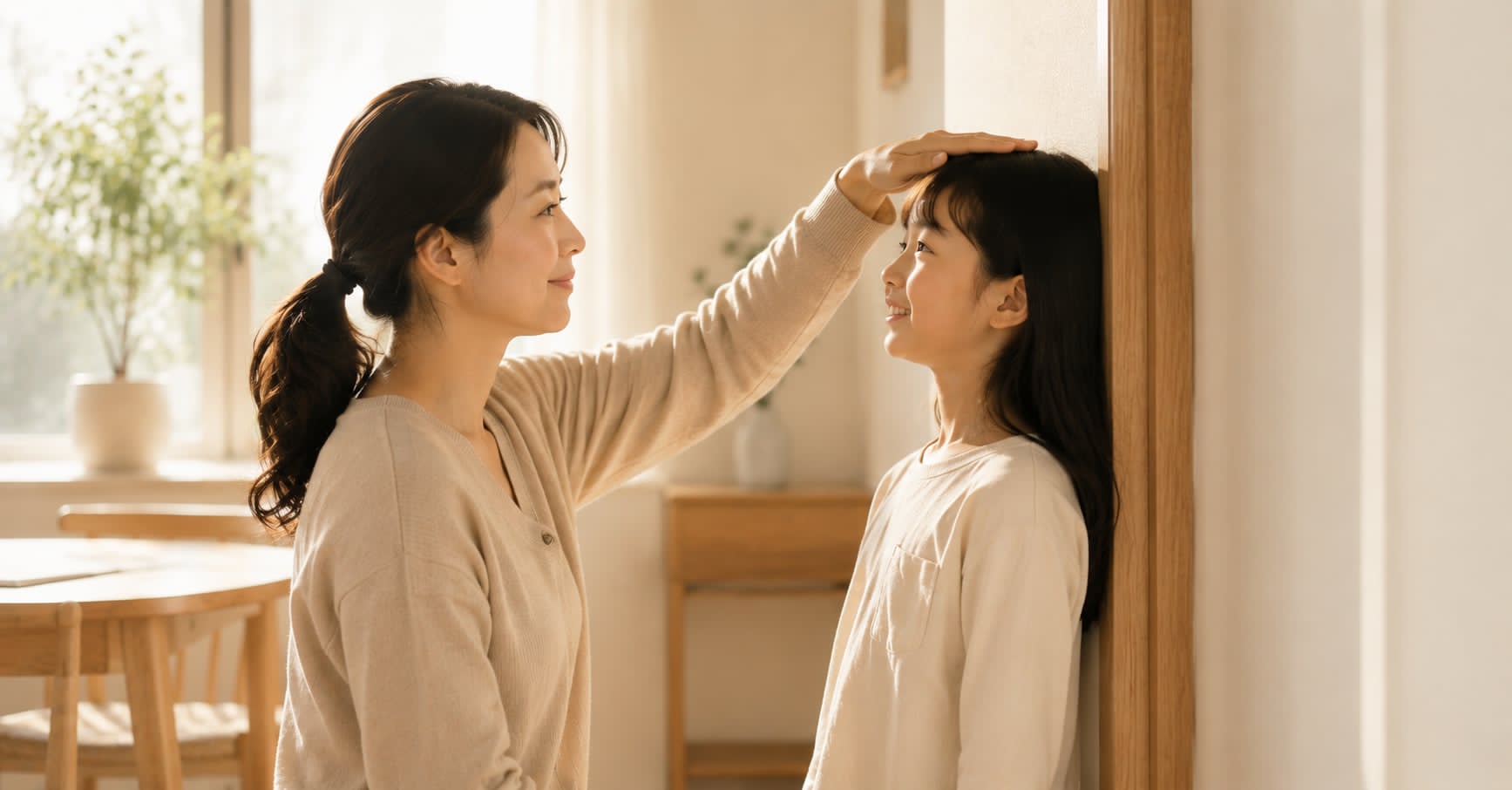孩子長高:溫暖自然光下,媽媽在家中門框邊把手輕放在約十歲女兒頭頂幫她量身高,母女相視而笑