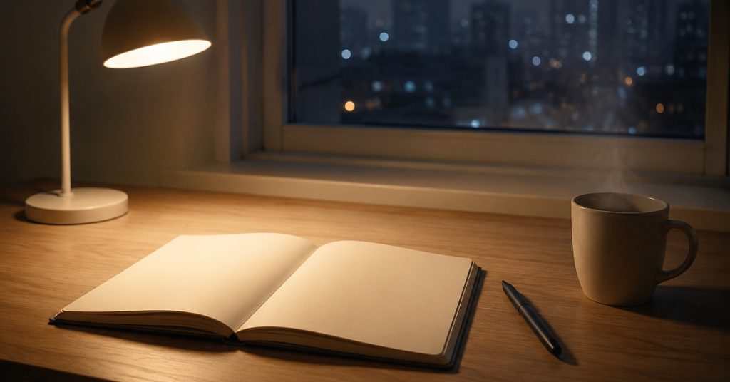 落地筆記示意圖：夜裡書桌上攤開的空白筆記本、一支筆與一杯冒著熱氣的茶，窗外是城市夜色