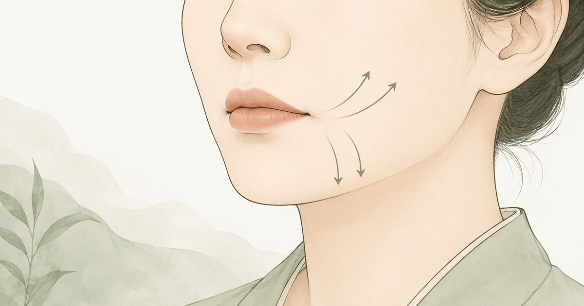 嘴角下垂的力學示意圖:女性側面下半臉線描,嘴角旁一組往上的箭頭與一組往下的箭頭