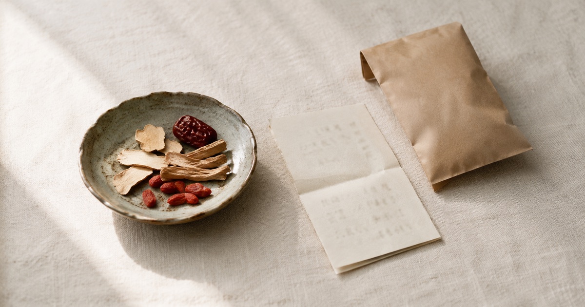 中藥補養方示意圖:亞麻布上的處方紙、陶碟裡的乾燥藥材與未拆封的藥包