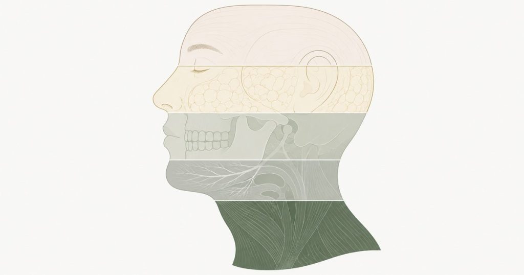 美顏針處理的是臉部張力這一層:皮膚表面、容量、咬合動力、呼吸神經與肌肉張力五個分層的側臉示意圖