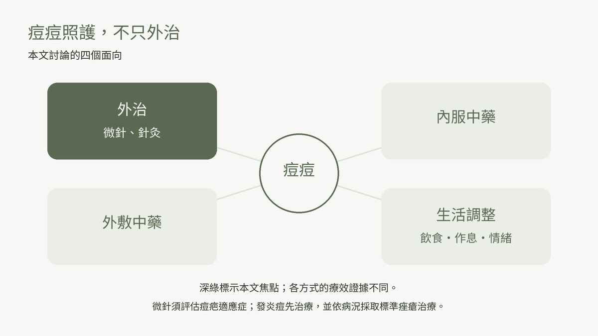 痘痘照護的四個面向:外治(微針、針灸)、內服中藥、外敷中藥、生活調整