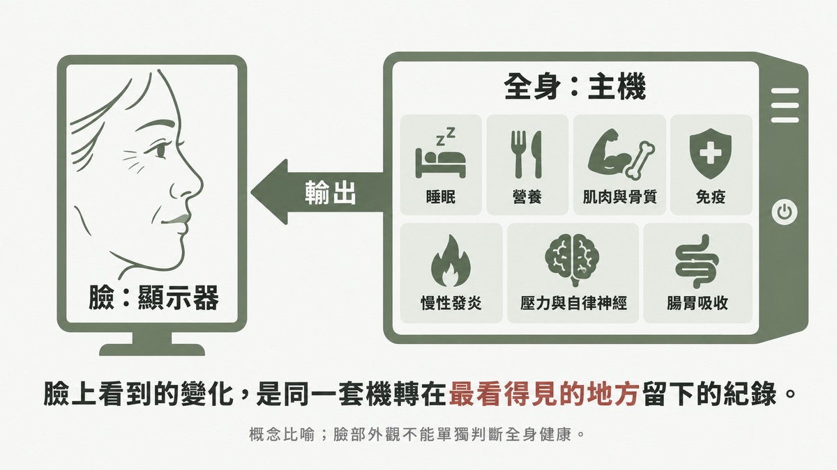 臉是顯示器不是主機 睡眠、營養、肌肉與骨質、免疫、慢性發炎、壓力與腸胃吸收共同決定臉的輸出