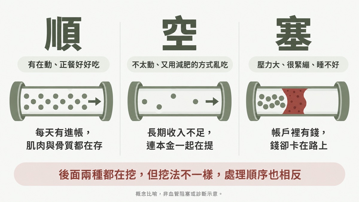 斷崖式衰老的三種身體狀態 順、空、塞:有在存的、收入不足的、以及緊繃到氣血卡住的