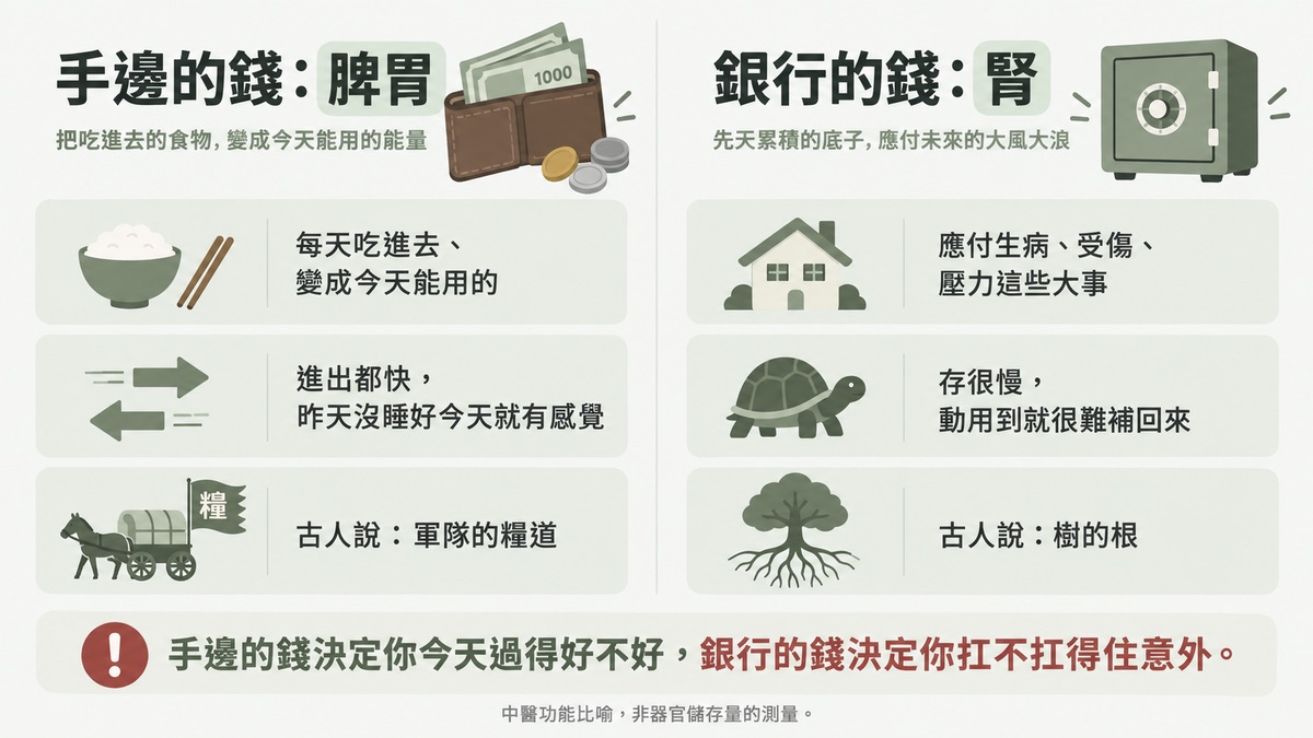 抗老的兩個帳戶對照 脾胃是手邊的錢、腎是銀行的錢,古人分別比喻為軍隊的糧道與樹的根
