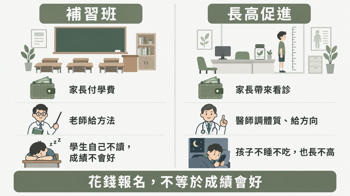 長高促進與補習班的對照示意 家長付費、專業給方法,孩子自己不配合就不會有結果