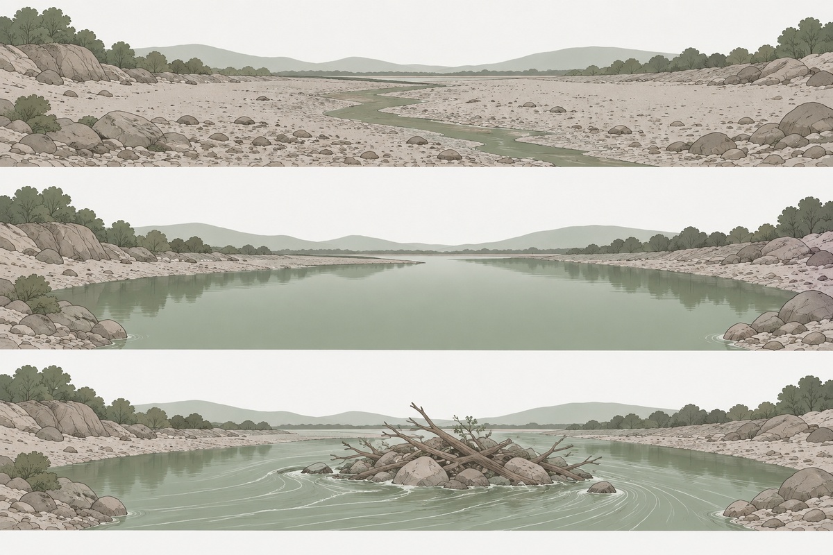 三種不同的乾涸:河床沒水對應氣虛血虛,有水不流對應氣滯,河道被擋住對應痰瘀