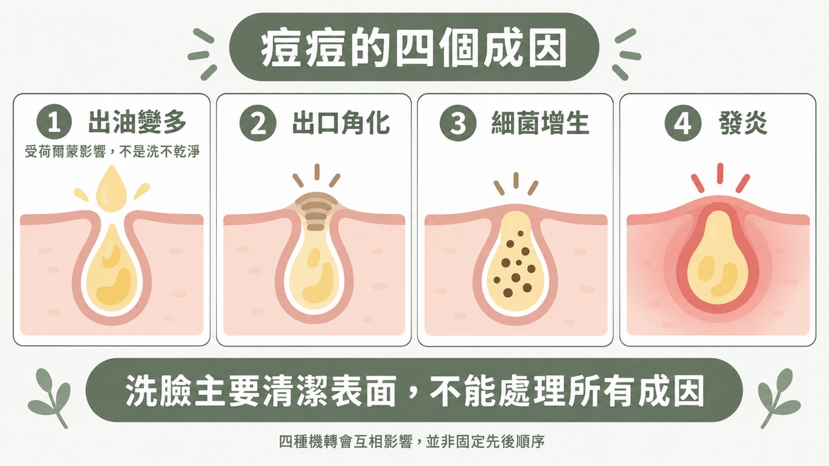 青少年痘痘的四個成因:出油、角化、細菌與發炎